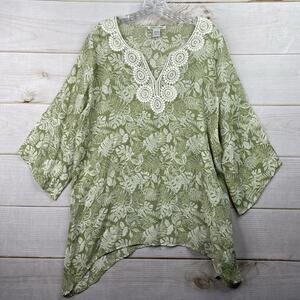 Sabrina Lauren Top Womens XL Green Floral Tropical Lightweight Crochet V Neck